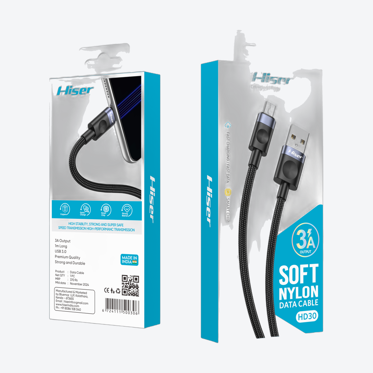 Hiser HD30 soft nylon data cable, packaging