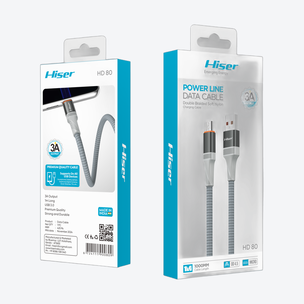 Hiser HD80 fast charging cable, alternate view