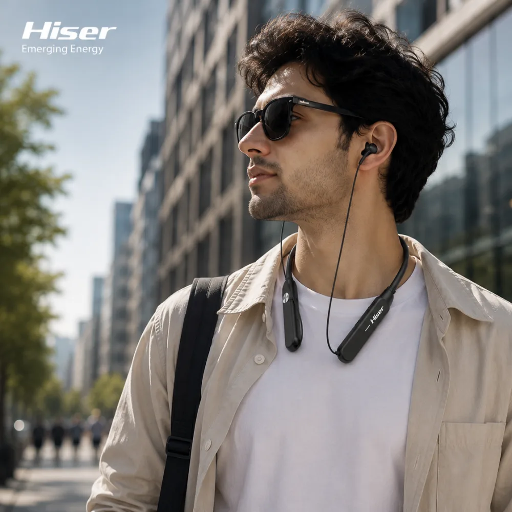 Hiser neckband earphones worn on a city street