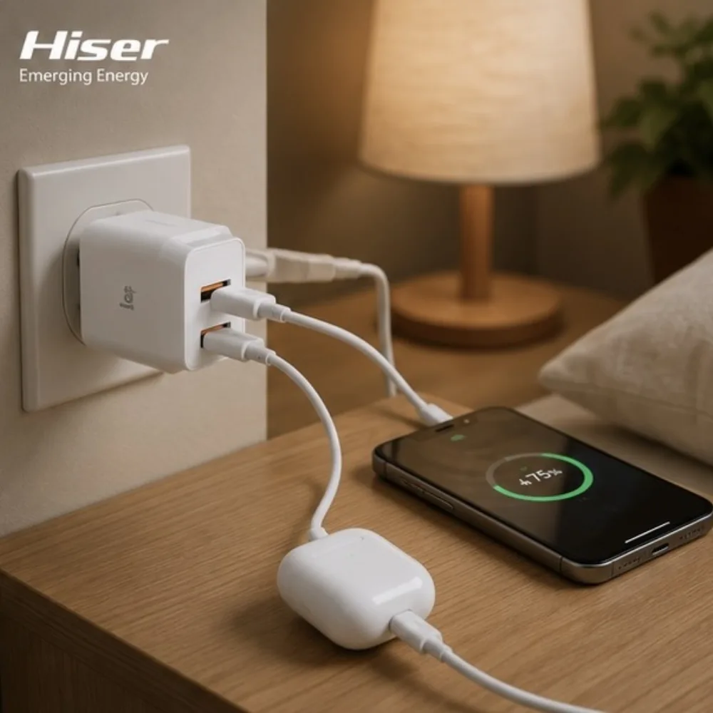 Hiser charger and earbuds charging on a nightstand