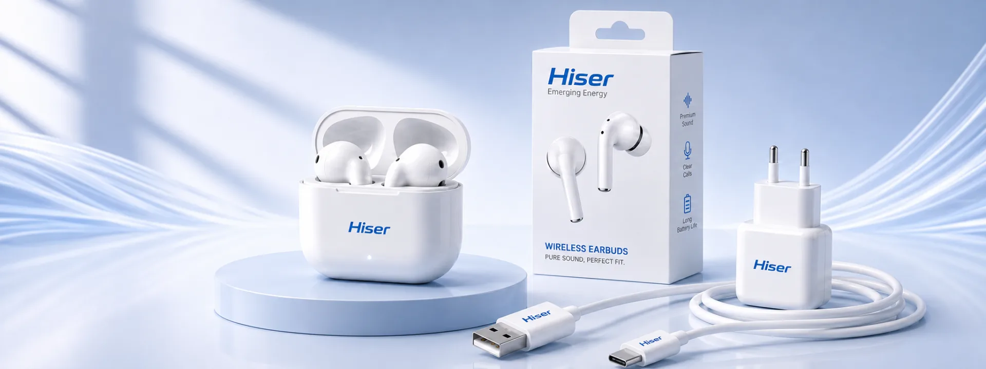 Hiser wireless earbuds, charger, and cables — full accessory portfolio