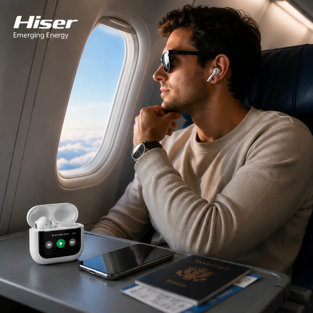 Hiser wireless earbuds used on a flight