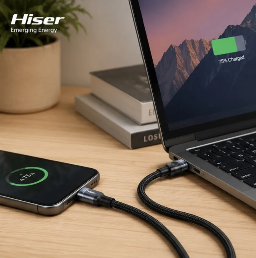 Hiser charging cable powering a laptop at a work desk