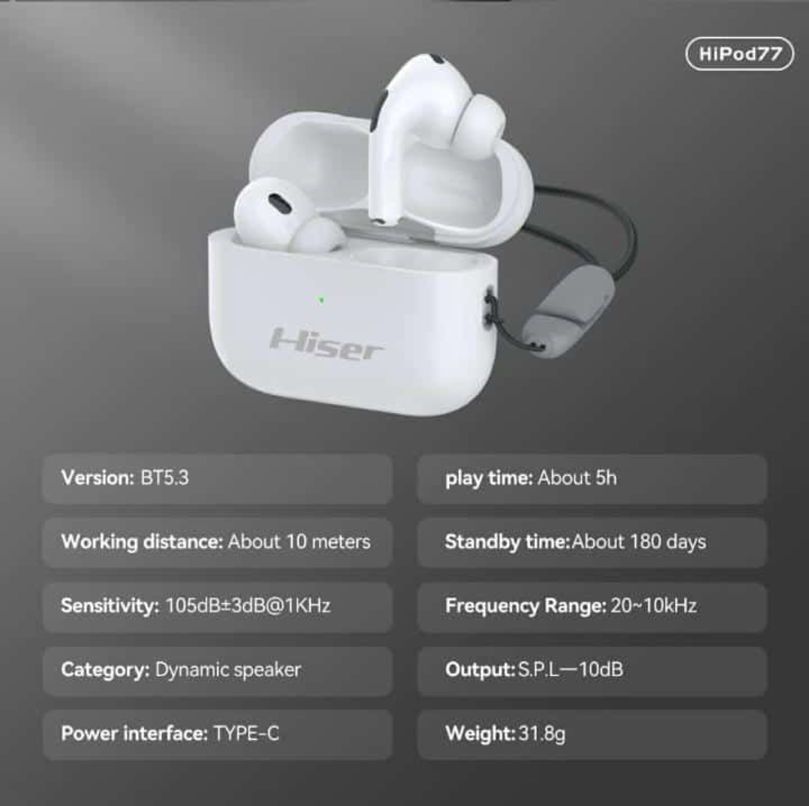 Hiser HiPod 77 wireless noise cancelling earbuds, packaging