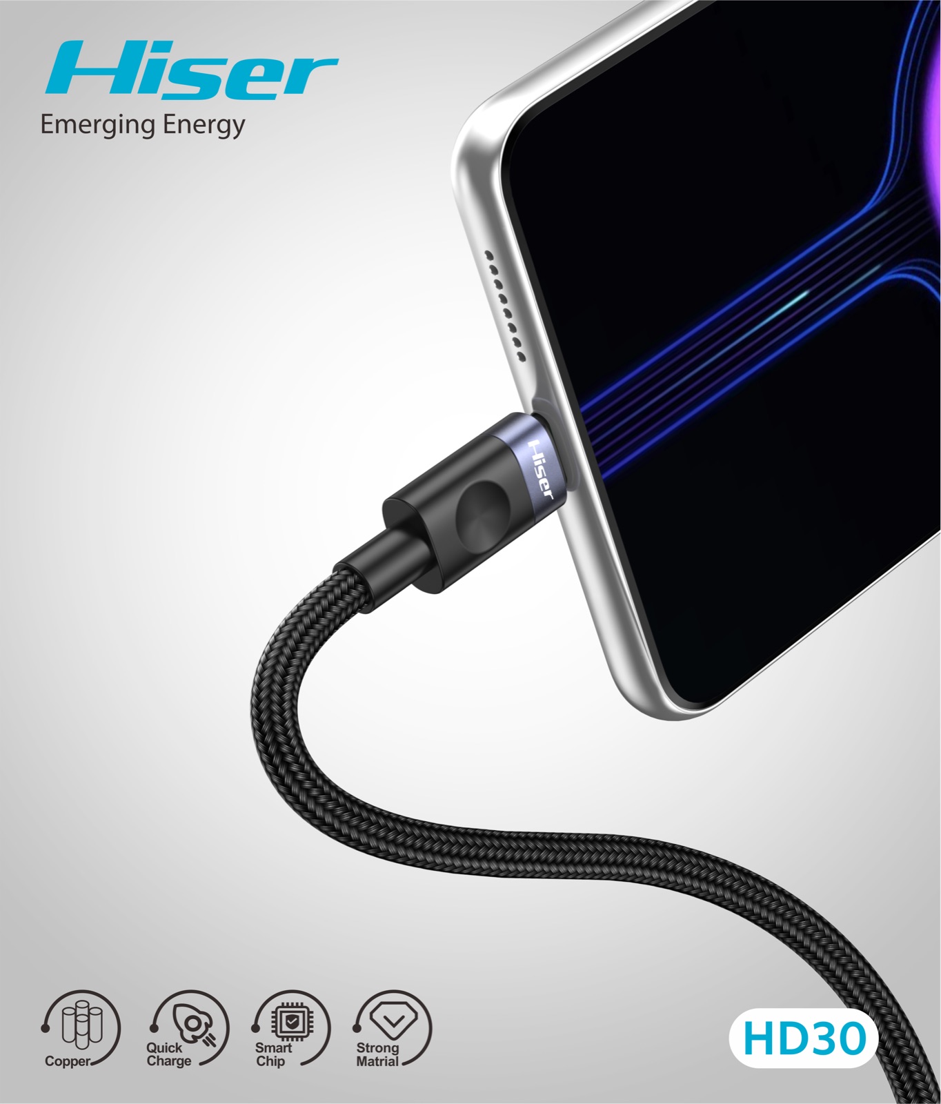 Hiser HD30 soft nylon data cable, alternate view