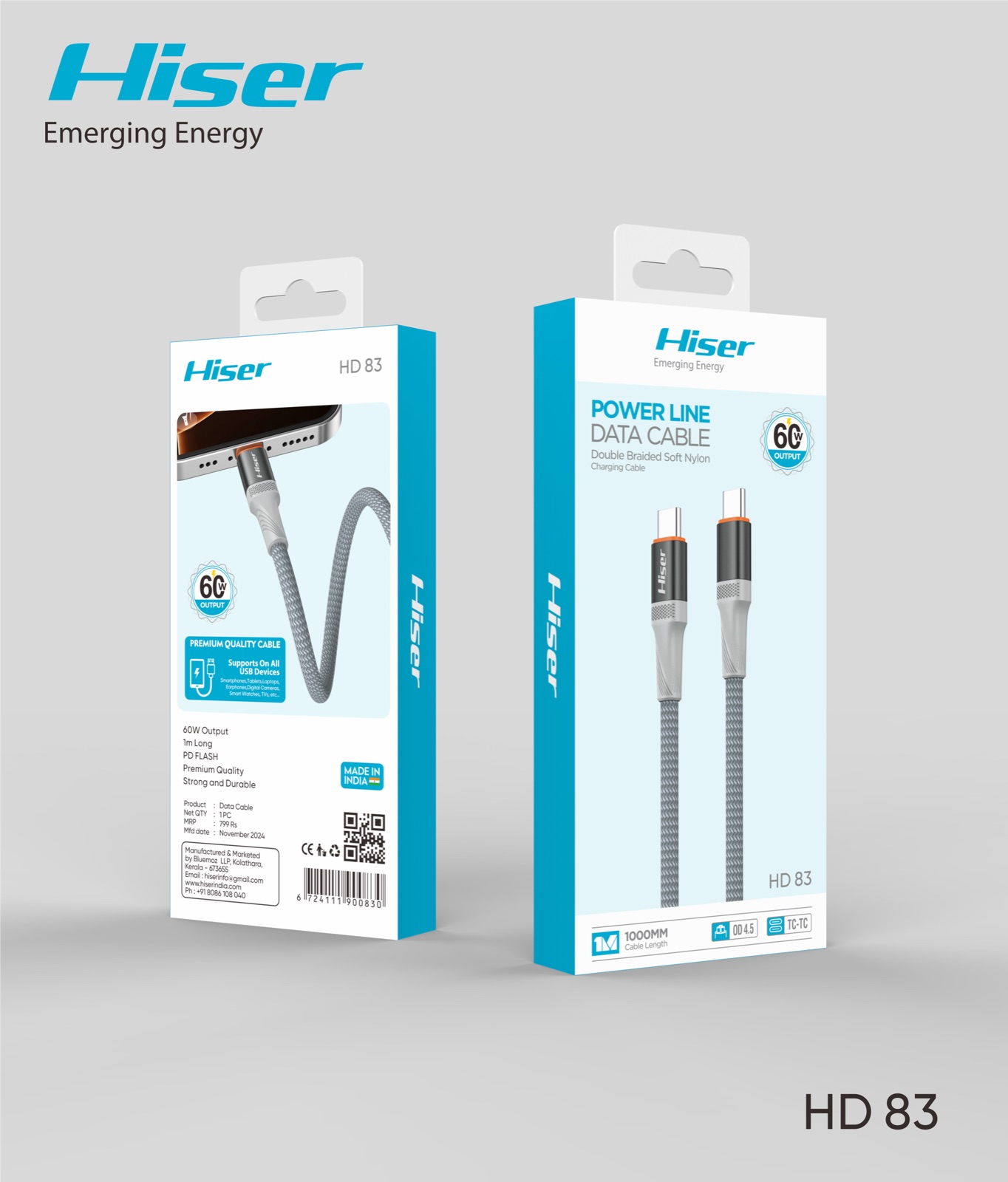 Hiser HD83 fast charging cable, alternate view