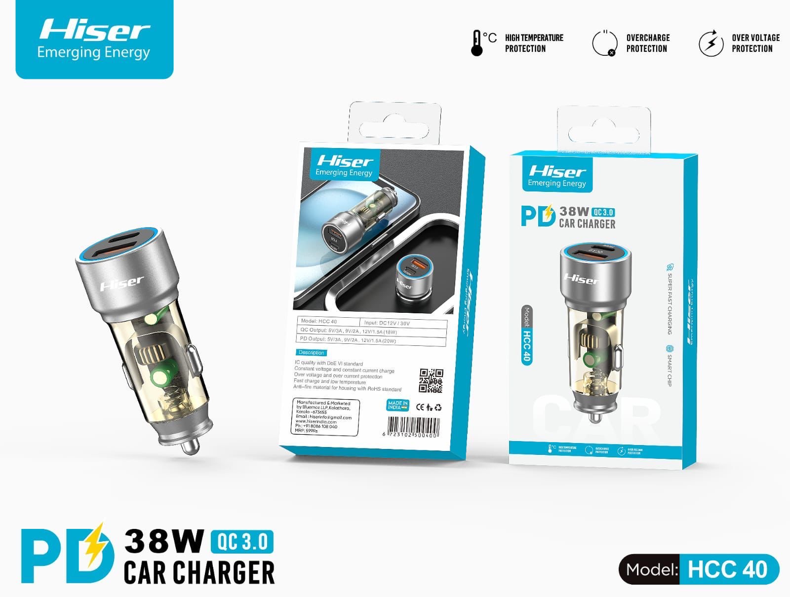 Hiser 38W glass car charger