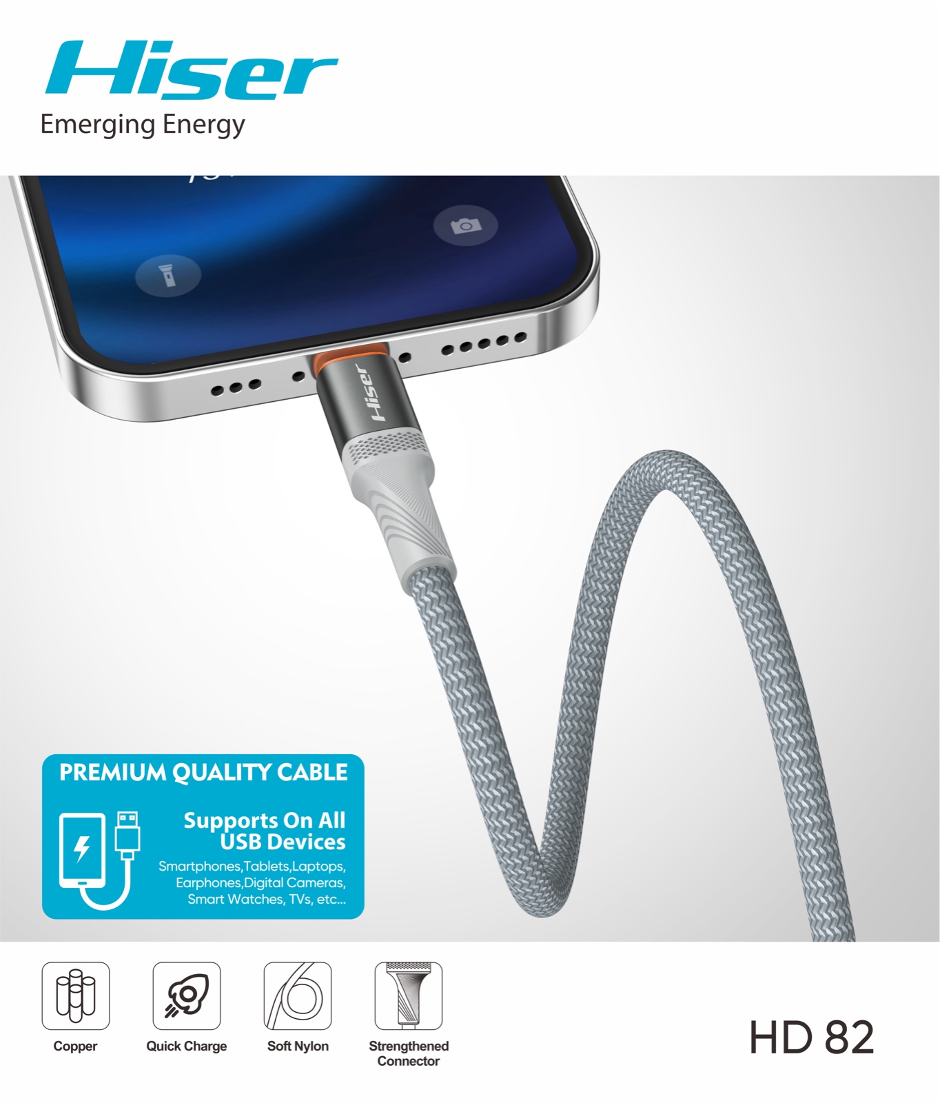 Hiser HD82 fast charging cable, alternate view